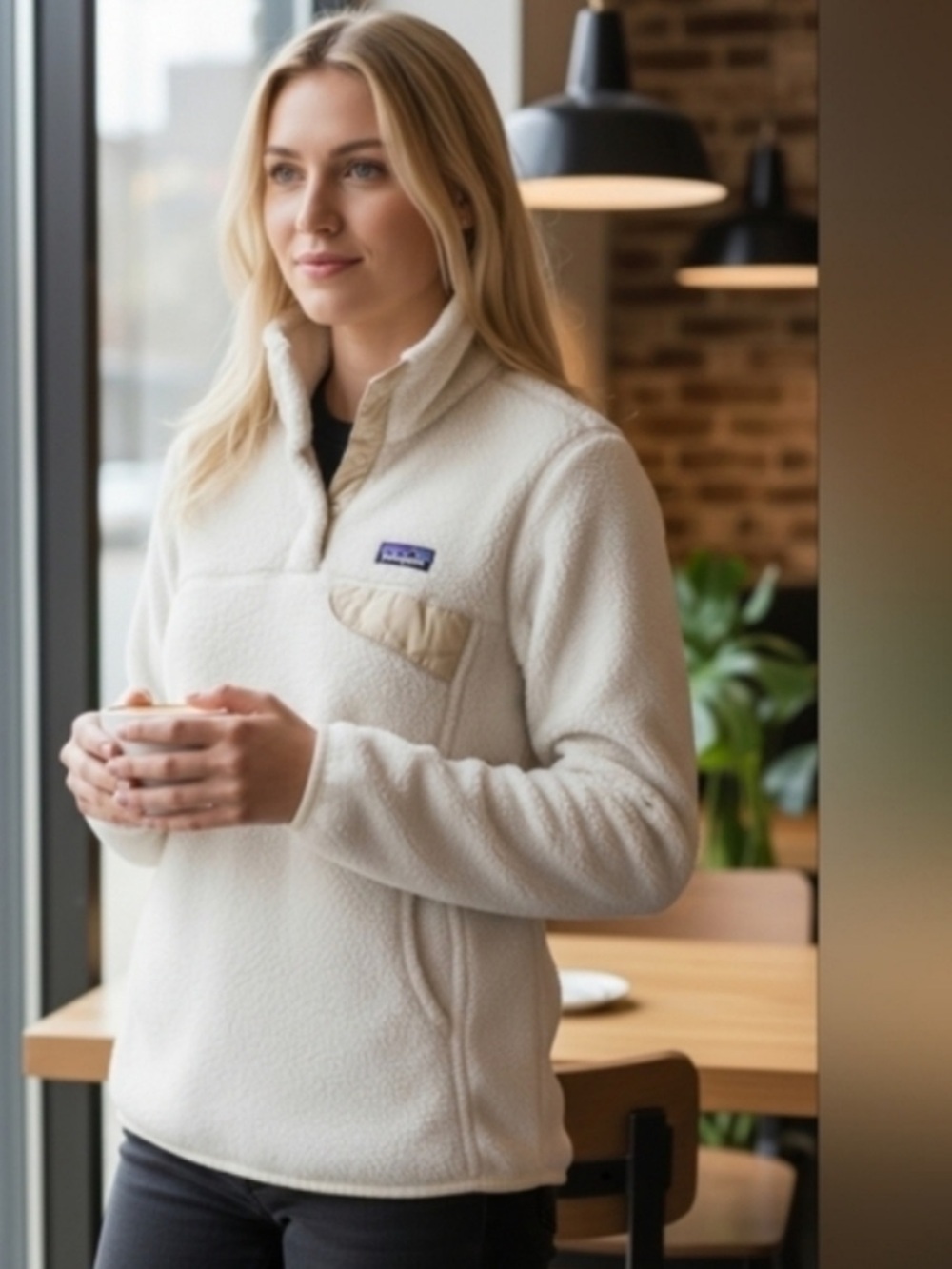 Patagonia Cream Teddy Fleece Pullover with Tan Chest Trim